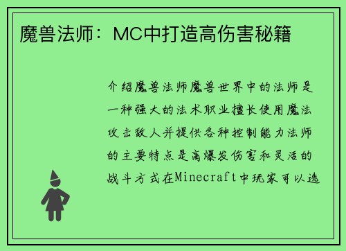 魔兽法师：MC中打造高伤害秘籍